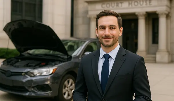 a male lawyer smiling at the camera with a lemon car in the background from San Jose Lemon Law Attorney in San Jose, CA - How to know if I qualify for lemon law a male lawyer smiling at the camera with a lemon car in the background from San Jose Lemon Law Attorney in San Jose, CA - How to know if I qualify for lemon law