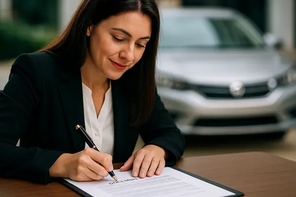 a female representative pointing to a car sales contract with a pen from San Jose Lemon Law Attorney in San Jose, CA - How to know if I qualify for lemon law a female representative pointing to a car sales contract with a pen from San Jose Lemon Law Attorney in San Jose, CA - How to know if I qualify for lemon law