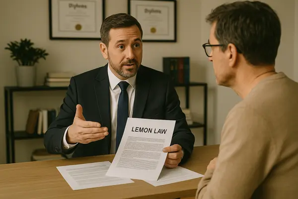 a lawyer in his office explaining the lemon law to a customer from San Jose Lemon Law Attorney in San Jose, CA  Lawyer near me