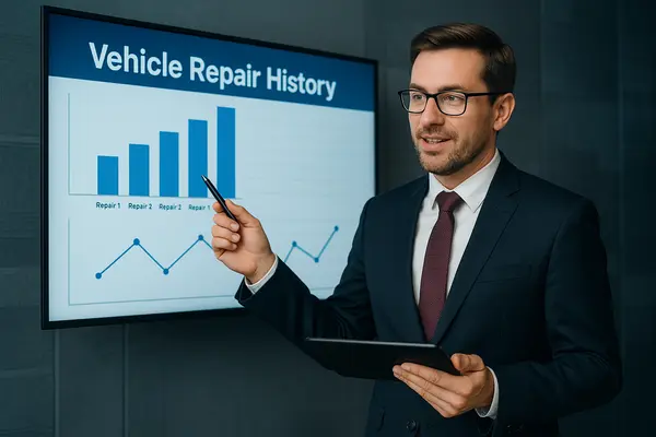 a lawyer giving a presentation with statistics on vehicle repair history from San Jose Lemon Law Attorney in San Jose, CA Lawyer near me