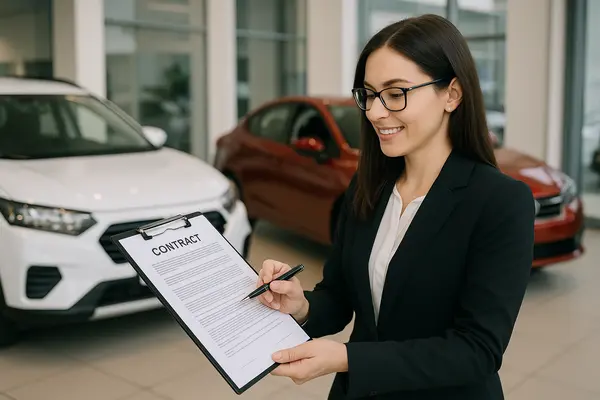 a female representative holding a contract at a car dealership from San Jose Lemon Law Attorney in San Jose, CA  Lawyer near me