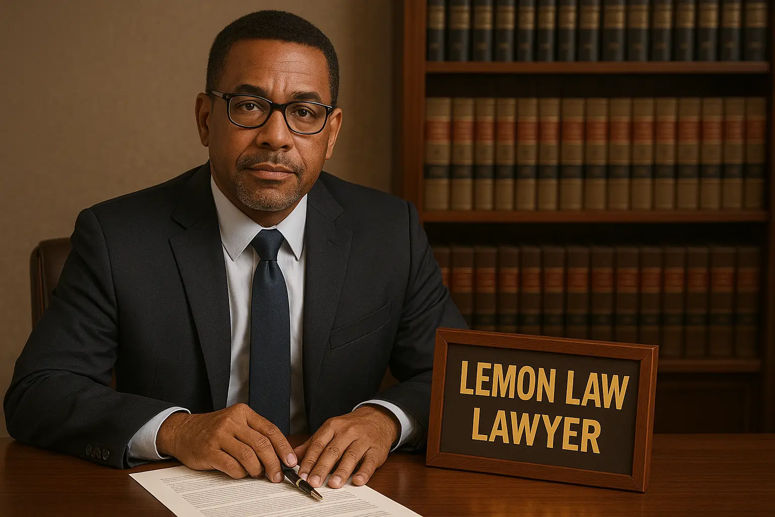 a lawyer sitting at his desk with a sign next to him that says lemon law from San Jose Lemon Law Attorney in San Jose, CA - Lemon law for GMC Vehicles a lawyer sitting at his desk with a sign next to him that says lemon law from San Jose Lemon Law Attorney in San Jose, CA - Lemon law for GMC Vehicles