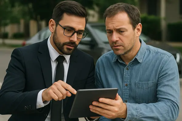 a lawyer with an iPad explaining something to his client from San Jose Lemon Law Attorney in San Jose, CA - Lemon law for GMC Vehicles a lawyer with an iPad explaining something to his client from San Jose Lemon Law Attorney in San Jose, CA - Lemon law for GMC Vehicles