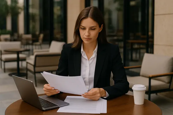a female lawyer reading a document outside a coffee shop from San Jose Lemon Law Attorney in San Jose, CA - Lemon Law for used cars a female lawyer reading a document outside a coffee shop from San Jose Lemon Law Attorney in San Jose, CA - Lemon Law for used cars