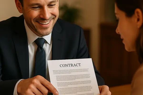 a lemon law lawyer smiling as he shows a contract to a woman from San Jose Lemon Law Attorney in Sacramento, CA - Sacramento CA a lemon law lawyer smiling as he shows a contract to a woman from San Jose Lemon Law Attorney in Sacramento, CA - Sacramento CA